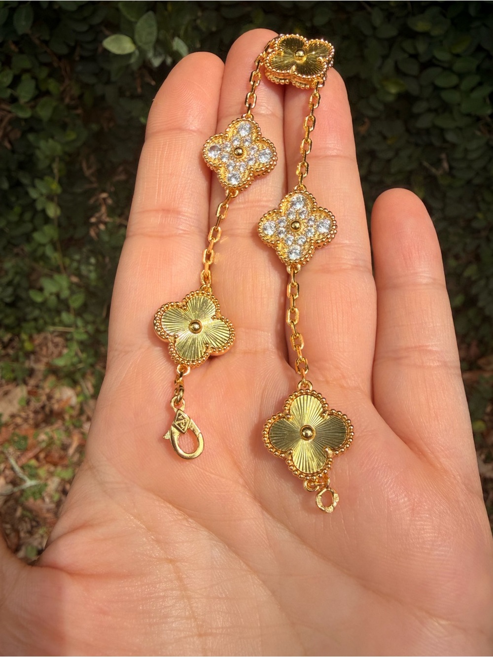 Gold-Tone Floral Clover Link Bracelet with Crystal Accents - Picture 3 of 5